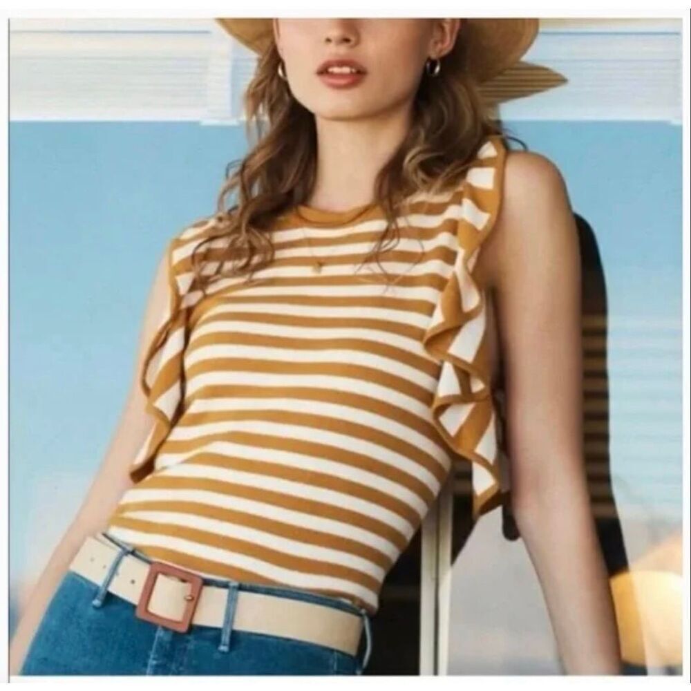 Anthropologie Ruffle Sleeve Sweater Tank gold white size small